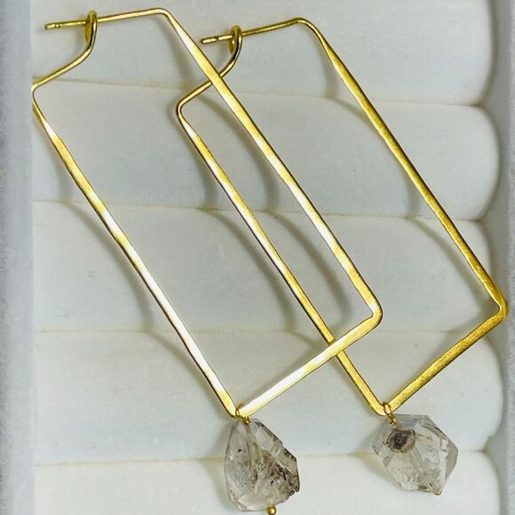brass rectangle earrings w/ raw stone/crystal - Picture 5 of 11